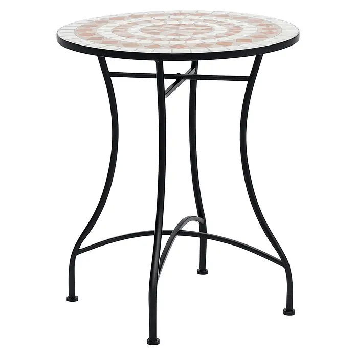Outsunny Garten-Beistelltisch rund - Blau, Weiß, Grün - Runder Bistrotisch mit hellrosa-weißem Mosaikfliesen-Tischplatte auf schwarzem geschwungenem Metallgestell.