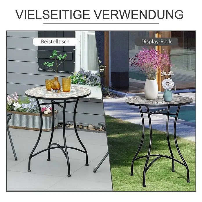 Outsunny Garten-Beistelltisch rund - Blau, Weiß, Grün - Runder Mosaiktisch mit schwarzem Metallgestell, als Beistelltisch und Präsentationsregal im Freien verwendet.