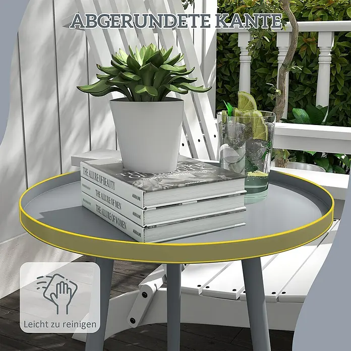 Outsunny Garten-Beistelltisch rund - Ø x H: 40 x 50 cm, Stahl, Grau - Runder grauer Beistelltisch mit gelbem Rand und abgerundeter Kante, leicht zu reinigen.