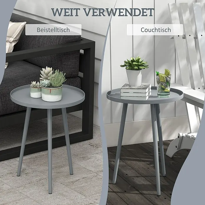 Outsunny Garten-Beistelltisch rund - Ø x H: 40 x 50 cm, Stahl, Grau - Vielseitiger runder grauer Metall-Beistelltisch, als Pflanzentisch neben einem Sofa und als Couchtisch für Getränke/Bücher genutzt.