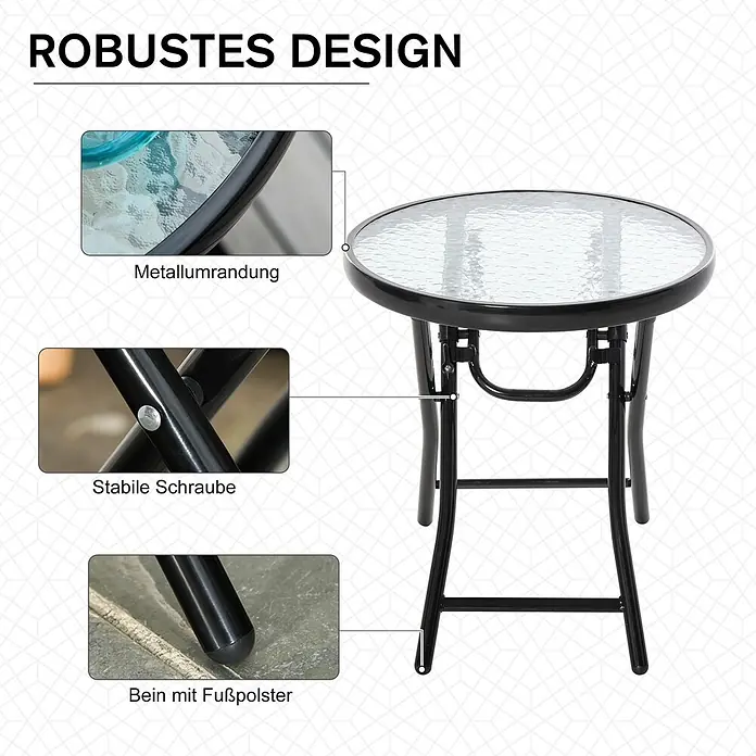 Outsunny Garten-Beistelltisch rund - Ø x H: 45 x 50 cm, Metall, Glas, Schwarz - Runder Gartentisch aus schwarzem Metall mit strukturierter Glasplatte, robustem Rahmen, stabilen Verbindungen und schützenden Fußpolstern.