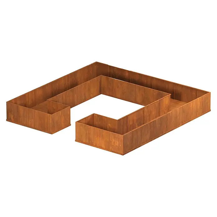 Palatino Hochbeet Urban C-Form - 500 x 500 x 70 cm, Stahl, Rostbraun - Rechteckiges, mehrteiliges Gartenlabyrinth oder Pflanzgefäß aus rostigem Cortenstahl.