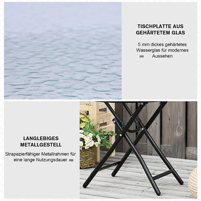 Outsunny Garten-Beistelltisch rund - Ø x H: 45 x 50 cm, Metall, Glas, Schwarz - Strukturierte Tischplatte aus gehärtetem Glas und langlebiger schwarzer Metall-Klapprahmen.