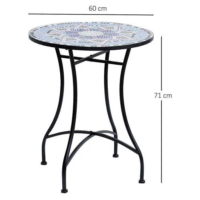 Outsunny Garten-Beistelltisch rund - Ø x H: 60 x 71 cm, Stahl, Keramik, Blau - Runder Mosaik-Bistrotisch mit blau-lila-grauer Platte und schwarzem Metallgestell, 60x71 cm.