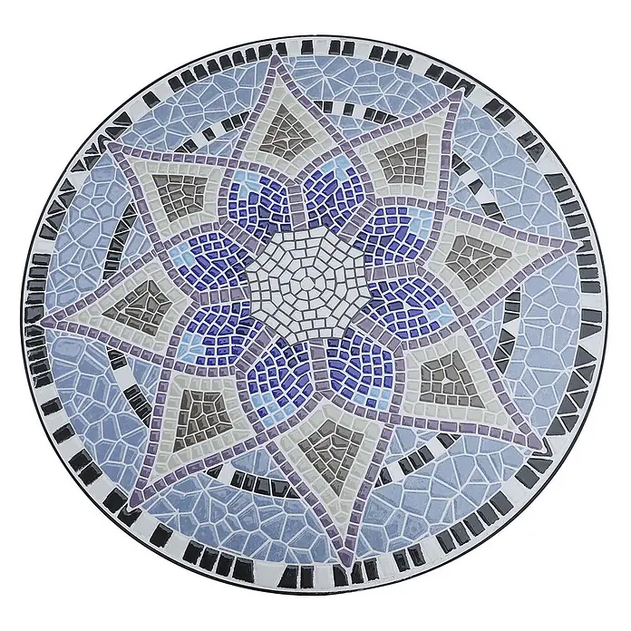 Outsunny Garten-Beistelltisch rund - Ø x H: 60 x 71 cm, Stahl, Keramik, Blau - Runde Mosaik-Tischplatte mit geometrischem Sternmuster in blauen, lila, braunen und weißen Fliesen.