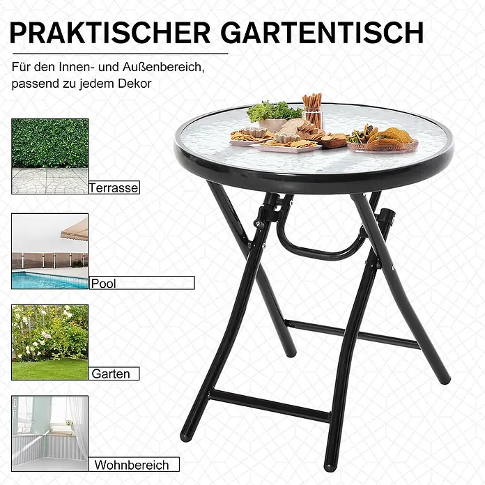 Outsunny Garten-Beistelltisch rund - Ø x H: 45 x 50 cm, Metall, Glas, Schwarz - Schwarzer klappbarer Gartentisch aus Metall mit Glasplatte, für drinnen und draußen geeignet.