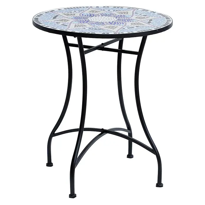 Outsunny Garten-Beistelltisch rund - Ø x H: 60 x 71 cm, Stahl, Keramik, Blau - Runder Bistrotisch mit blauer, lila und grauer Mosaikplatte und schwarzen Metallbeinen.