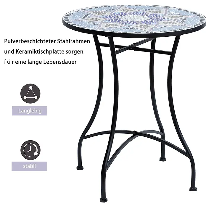 Outsunny Garten-Beistelltisch rund - Ø x H: 60 x 71 cm, Stahl, Keramik, Blau - Runder Mosaik-Bistrotisch mit blauer, weißer und violetter Fliesenplatte und schwarzem pulverbeschichtetem Stahlrahmen, langlebig und stabil.