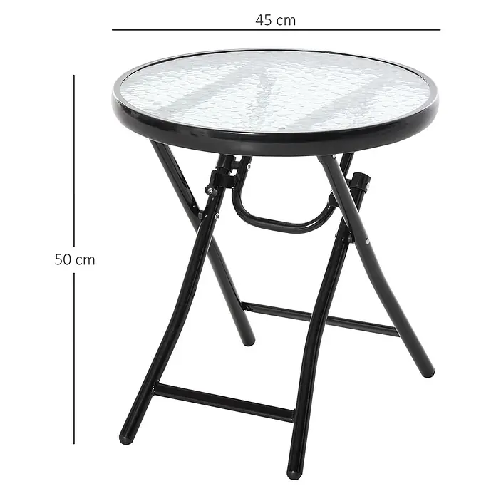 Outsunny Garten-Beistelltisch rund - Ø x H: 45 x 50 cm, Metall, Glas, Schwarz - Runder schwarzer Klapptisch mit gemusterter Glasplatte, 45 cm Durchmesser, 50 cm Höhe.