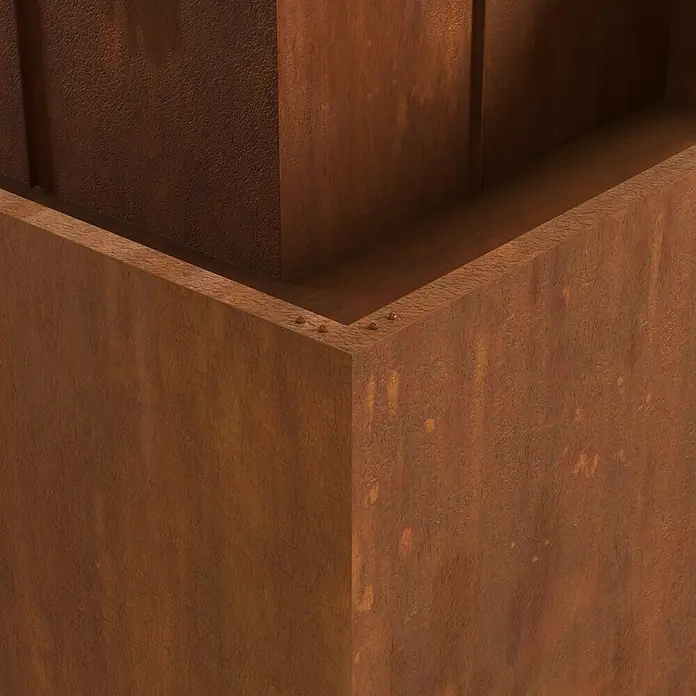Palatino Hochbeet Urban C-Form - 500 x 500 x 70 cm, Stahl, Rostbraun - Rostbraune Cortenstahl-Pflanzgefäß-Ecke mit sichtbaren Nieten.