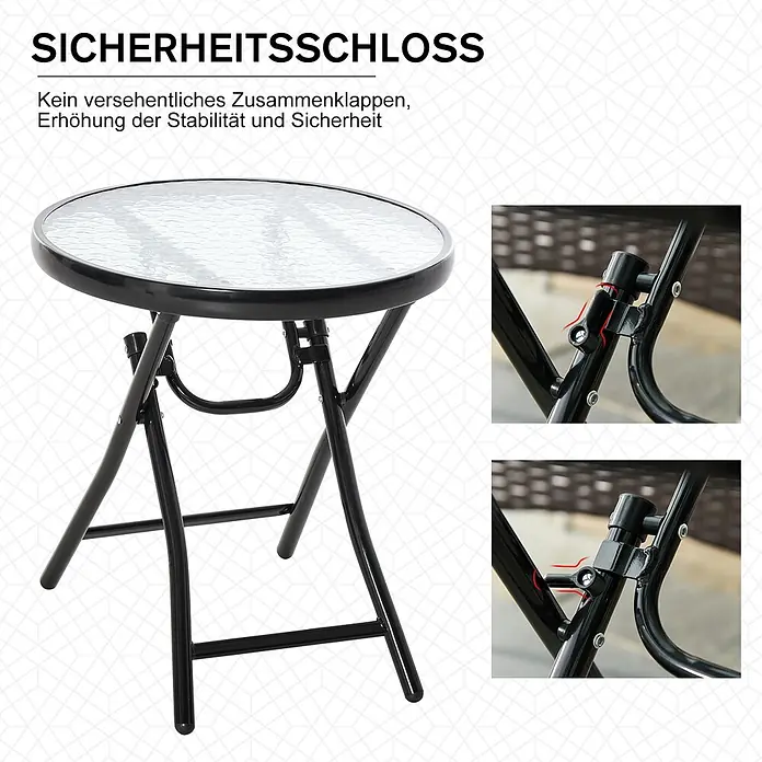Outsunny Garten-Beistelltisch rund - Ø x H: 45 x 50 cm, Metall, Glas, Schwarz - Schwarzer Klapptisch aus Metall mit Glasplatte und Sicherheitsschloss für erhöhte Stabilität gegen versehentliches Zusammenklappen.
