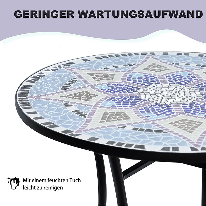 Outsunny Garten-Beistelltisch rund - Ø x H: 60 x 71 cm, Stahl, Keramik, Blau - Runder Mosaiktisch mit blauem, violettem, beigem und weißem Muster. Schwarzes Metallgestell.