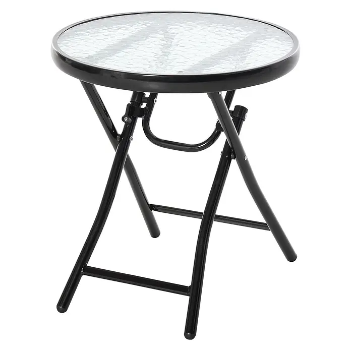 Outsunny Garten-Beistelltisch rund - Ø x H: 45 x 50 cm, Metall, Glas, Schwarz - Runder Klapptisch mit strukturierter Glasplatte und schwarzem Metallgestell.