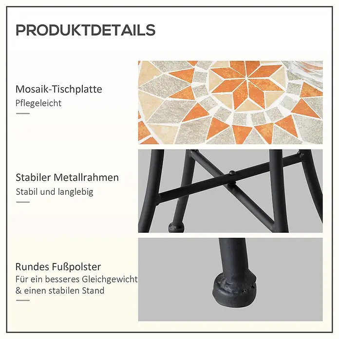 Outsunny Garten-Beistelltisch rund - Ø x H: 35,5 x 53,5 cm, Keramik, Stahl, Schwarz - Mosaiktisch mit pflegeleichter Platte, stabilem Metallrahmen und runden Fußpolstern für sicheren Stand.