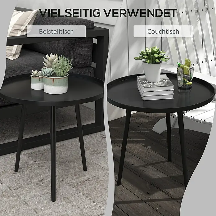 Outsunny Garten-Beistelltisch rund - Ø x H: 40 x 50 cm, Stahl, Schwarz - Vielseitiger schwarzer runder Metalltisch, gezeigt als Beistell- und Couchtisch.
