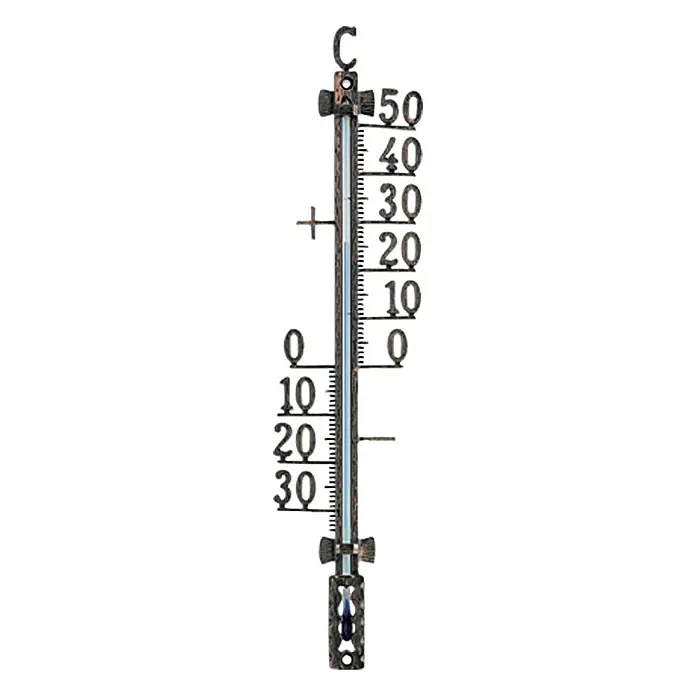 TFA Dostmann Termómetro para exterior - Analógico, L x An x Al: 1,8 x 6,5 x 27,5 cm, Color de cobre - Primer plano de un termómetro Celsius, que muestra una temperatura ligeramente inferior al punto de congelación.
