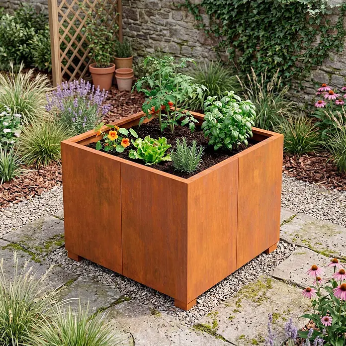 Palatino Hochbeet Urban Steps - 100 x 100 x 80 cm, Stahl, Rostrot - Großer quadratischer Pflanzkübel aus Cortenstahl in einem Garten, bepflanzt mit Kräutern und Gemüse.