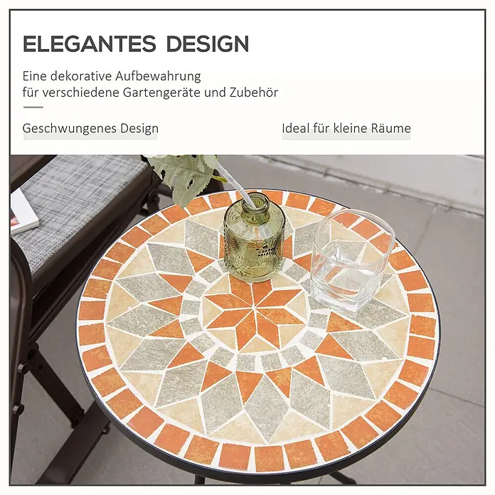 Outsunny Garten-Beistelltisch rund - Ø x H: 35,5 x 53,5 cm, Keramik, Stahl, Schwarz - Runder Mosaik-Bistrotisch mit orangefarbenen, beigen und grauen Fliesen, Sternmuster, ideal für kleine Außenbereiche.