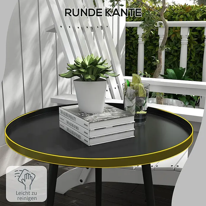 Outsunny Garten-Beistelltisch rund - Ø x H: 40 x 50 cm, Stahl, Schwarz - Runder schwarzer Beistelltisch mit gelbem Rand auf einem Balkon, darauf eine Pflanze und Bücher.