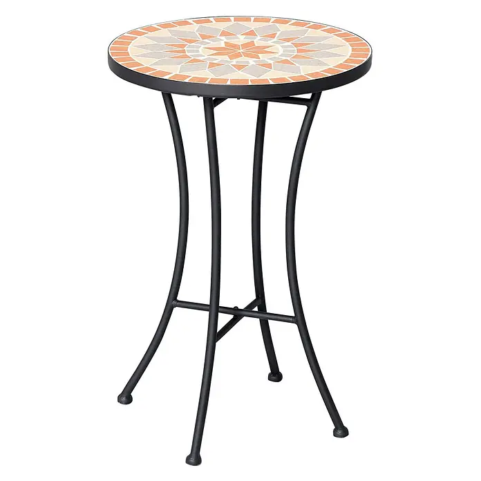 Outsunny Garten-Beistelltisch rund - Ø x H: 35,5 x 53,5 cm, Keramik, Stahl, Schwarz - Runder Mosaik-Bistrotisch mit Sternmuster in Orange-, Beige- und Grautönen auf schwarzem Metallgestell.