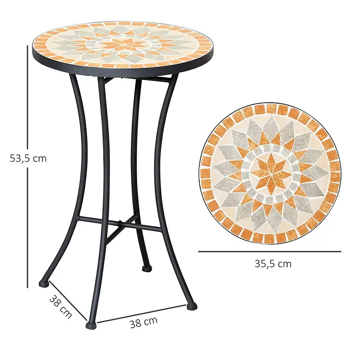 Outsunny Garten-Beistelltisch rund - Ø x H: 35,5 x 53,5 cm, Keramik, Stahl, Schwarz - Runder Mosaik-Beistelltisch mit orangefarbenen, beigen, grauen Fliesen auf schwarzem Metallgestell. 53,5 cm H, 35,5 cm Ø, 38 cm Basis.