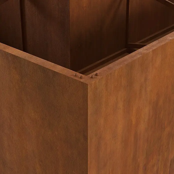 Palatino Hochbeet Urban S-Form - 500 x 400 x 70 cm, Stahl, Rostbraun - Rechteckiger Pflanzkübel aus wetterfestem Cortenstahl mit sichtbaren Nieten am oberen Rand.