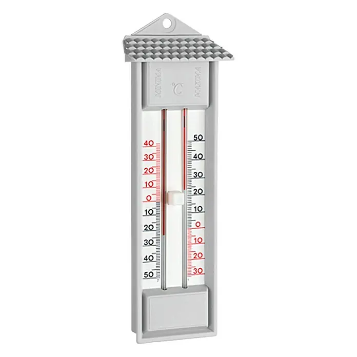 TFA Dostmann Termómetro - Analógico, L x An x Al: 3,2 x 8 x 23,2 cm, Gris - Primer plano de un termómetro de pared que muestra las escalas Celsius y Fahrenheit, ideal para el monitoreo meteorológico.