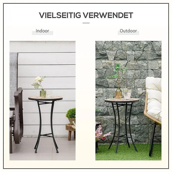 Outsunny Garten-Beistelltisch rund - Ø x H: 35,5 x 53,5 cm, Keramik, Stahl, Schwarz - Runder Mosaik-Beistelltisch mit schwarzen Metallbeinen, drinnen und draußen verwendet.
