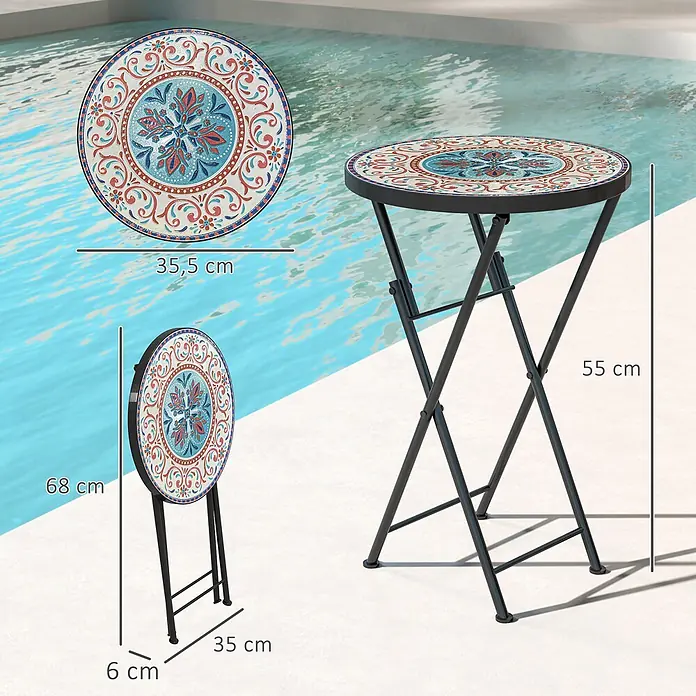 Outsunny Garten-Beistelltisch rund - Ø x H: 35,5 x 55 cm, Metall, Keramik, Mehrfarbig - Klappbarer Gartentisch mit bunter rot-blauer Mosaikplatte auf dunklem Metallgestell, offen und zusammengeklappt am Pool gezeigt.