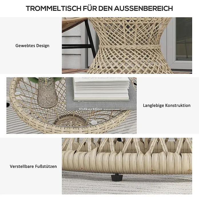 Outsunny Garten-Beistelltisch rund im Boho-Design - Stahl, PE-Rattan, Glas, Braun - Geflochtener Outdoor-Trommeltisch mit strapazierfähiger Konstruktion und verstellbaren Füßen.