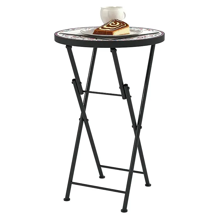 Outsunny Garten-Beistelltisch rund - Ø x H: 35,5 x 55 cm, Metall, Keramik, Mehrfarbig - Schwarzer klappbarer Bistrotisch aus Metall mit bunter Mosaikplatte.