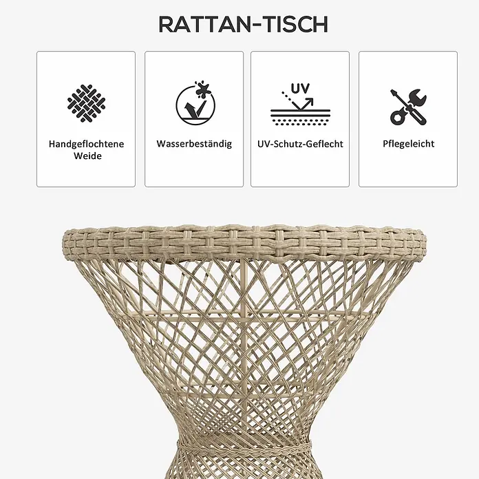 Outsunny Garten-Beistelltisch rund im Boho-Design - Stahl, PE-Rattan, Glas, Braun - Hellbeiger, handgeflochtener Rattantisch mit filigranem Geflechtmuster.