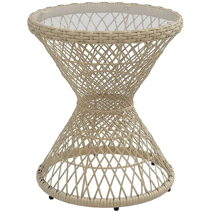 Outsunny Garten-Beistelltisch rund im Boho-Design - Stahl, PE-Rattan, Glas, Braun - Beiger, sanduhrförmiger Outdoor-Beistelltisch mit geflochtenem Rattanfuß und Glasplatte.