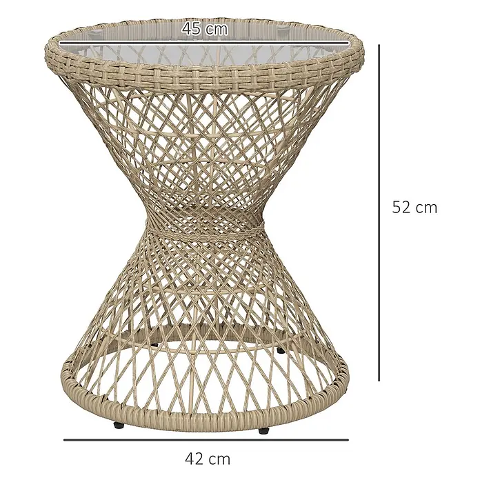 Outsunny Garten-Beistelltisch rund im Boho-Design - Stahl, PE-Rattan, Glas, Braun - Helles geflochtenes Rattan-Beistelltischchen in Sanduhrform mit Glasplatte.