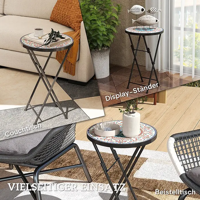 Outsunny Garten-Beistelltisch rund - Ø x H: 35,5 x 55 cm, Metall, Keramik, Mehrfarbig - Runder klappbarer Beistelltisch mit bunter Mosaikplatte, gezeigt in Wohnzimmer-, Balkon- und Terrasseneinstellungen.