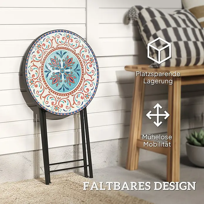 Outsunny Garten-Beistelltisch rund - Ø x H: 35,5 x 55 cm, Metall, Keramik, Mehrfarbig - Runder klappbarer Outdoortisch mit farbenfroher gemusterter Platte und schwarzen Beinen, zusammengeklappt für platzsparende Aufbewahrung auf einer Terrasse.
