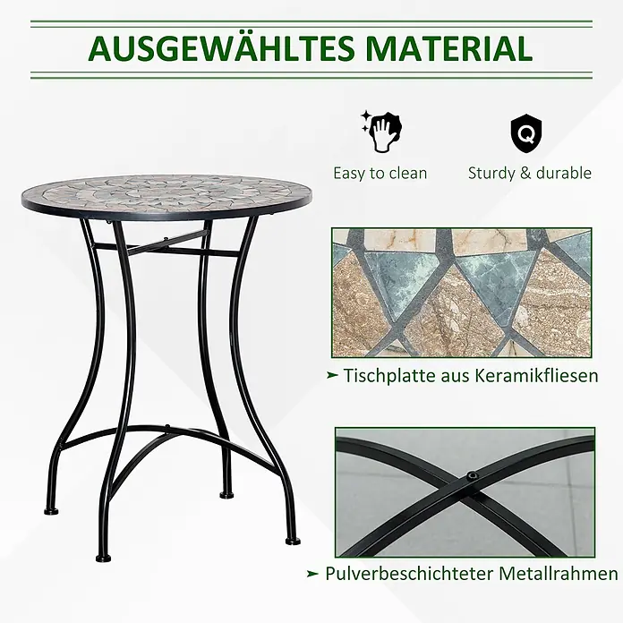 Outsunny Garten-Beistelltisch rund - Ø x H: 60 x 71 cm, Keramik, Metall, Grün, Weiß, Beige - Runder Bistrotisch mit bunter Keramikmosaik-Tischplatte und schwarz pulverbeschichtetem Metallrahmen.