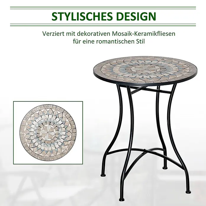 Outsunny Garten-Beistelltisch rund - Ø x H: 60 x 71 cm, Keramik, Metall, Grün, Weiß, Beige - Runder Mosaik-Bistrotisch mit beiger und blauer Fliesenplatte und schwarzen Metallbeinen.