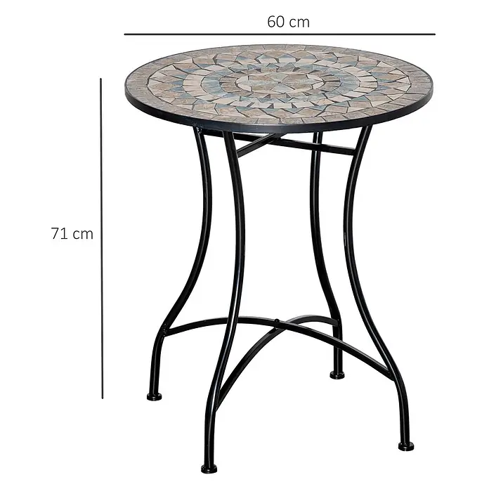 Outsunny Garten-Beistelltisch rund - Ø x H: 60 x 71 cm, Keramik, Metall, Grün, Weiß, Beige - Runder Mosaik-Bistrotisch mit blau-braunen Fliesen, schwarzem Metallgestell. 60 cm Durchmesser, 71 cm Höhe.