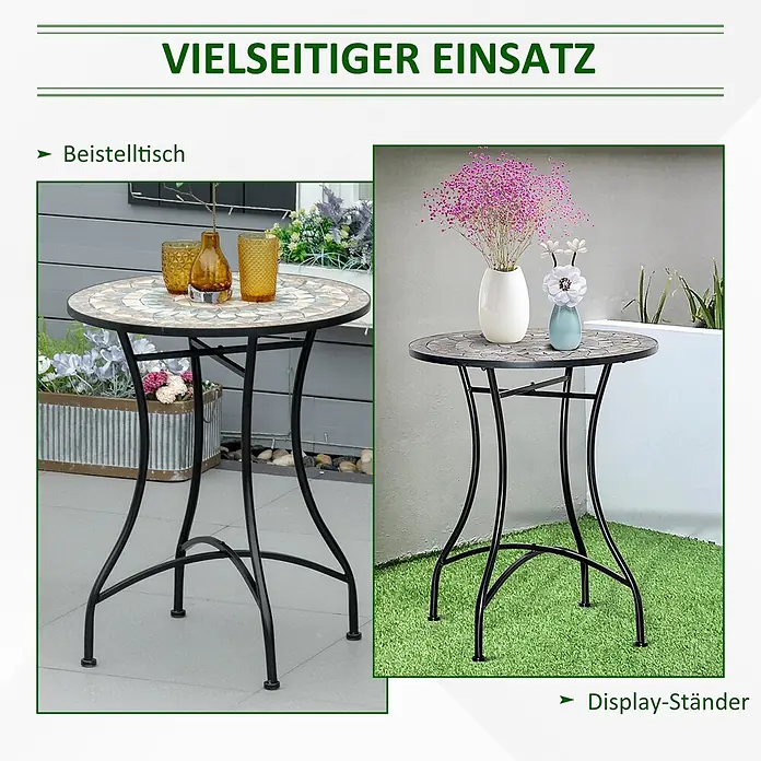 Outsunny Garten-Beistelltisch rund - Ø x H: 60 x 71 cm, Keramik, Metall, Grün, Weiß, Beige - Runder Mosaiktisch mit schwarzem Metallgestell, vielseitig als Beistelltisch und Displayständer nutzbar.