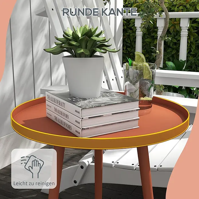 Outsunny Garten-Beistelltisch rund - Ø x H: 40 x 50 cm, Stahl, Rot - Runder, oranger Beistelltisch mit gelbem Rand, als Terrassentisch verwendet.
