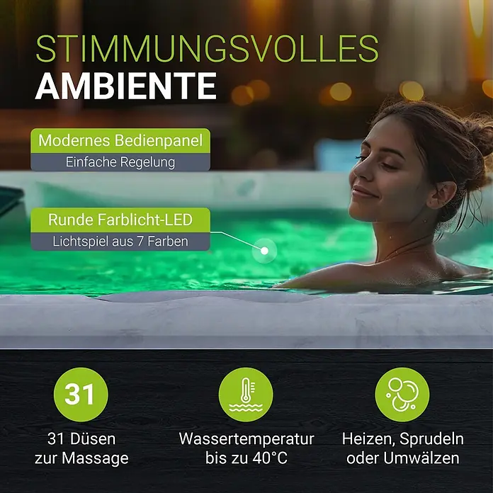 Artsauna Außen-Whirlpool Oasis - 160 x 210 x 80 cm, Anthrazit - Frau entspannt in einem Whirlpool mit grüner LED-Stimmungsbeleuchtung, der Massagefunktionen und eine Wassertemperatur bis 40°C bietet.