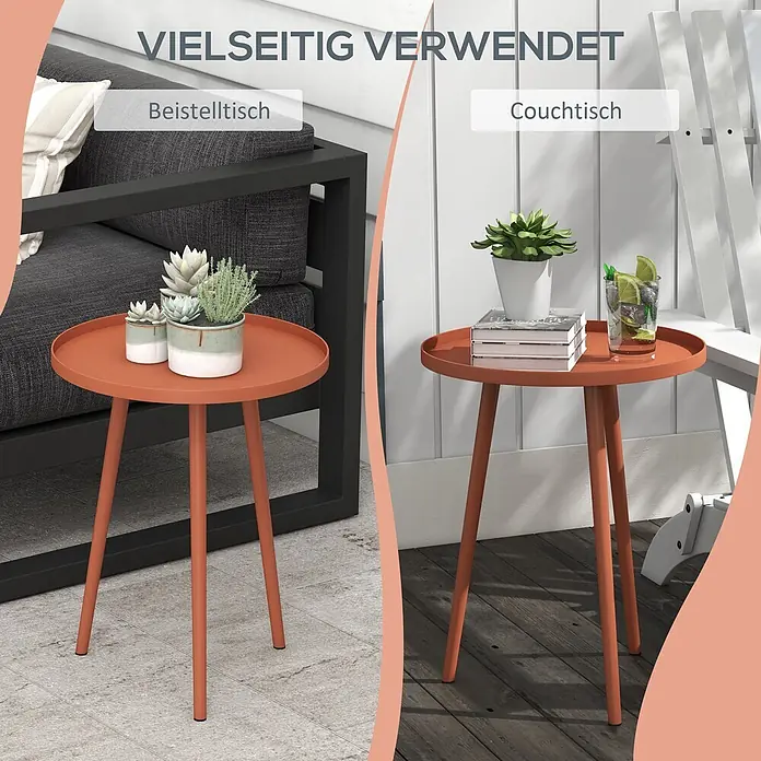 Outsunny Garten-Beistelltisch rund - Ø x H: 40 x 50 cm, Stahl, Rot - Vielseitiger, runder, orangefarbener Metalltisch als Beistell- oder Couchtisch genutzt.