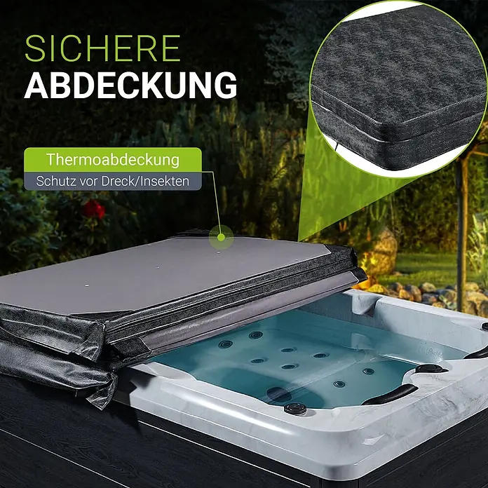 Artsauna Außen-Whirlpool Oasis - 160 x 210 x 80 cm, Anthrazit - Dunkelgraue, strukturierte Thermoabdeckung für einen Whirlpool, teilweise geöffnet, zeigt ihren Schutz vor Schmutz und Insekten.