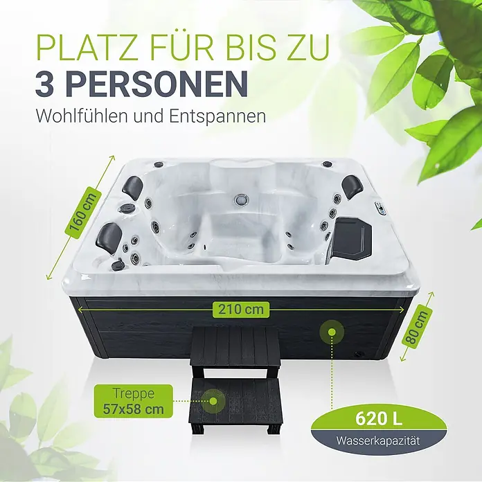 Artsauna Außen-Whirlpool Oasis - 160 x 210 x 80 cm, Anthrazit - Weiß-marmorierter Whirlpool für 3 Personen, 620L, dunkelgraues Gehäuse. Maße 210x160x80cm, inklusive Treppe 57x58cm.