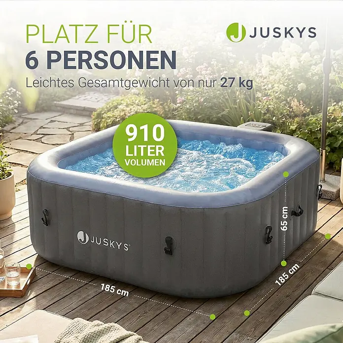 Juskys Außen-Whirlpool SpaLuxe - 185 x 185 x 65 cm, Grau - Juskys grauer aufblasbarer quadratischer Whirlpool mit sprudelndem Wasser auf Holzterrasse im Garten, Maße und Kapazität sind angezeigt.