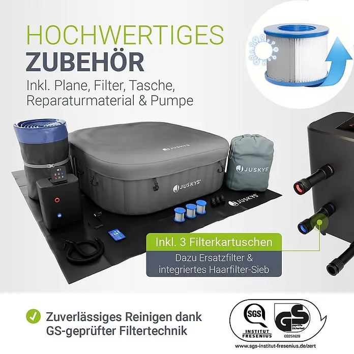 Juskys Außen-Whirlpool SpaLuxe - 185 x 185 x 65 cm, Grau - Grauer aufblasbarer Whirlpool mit Pumpe, Abdeckung und Filtersystem inklusive Filtern und Reparaturset.