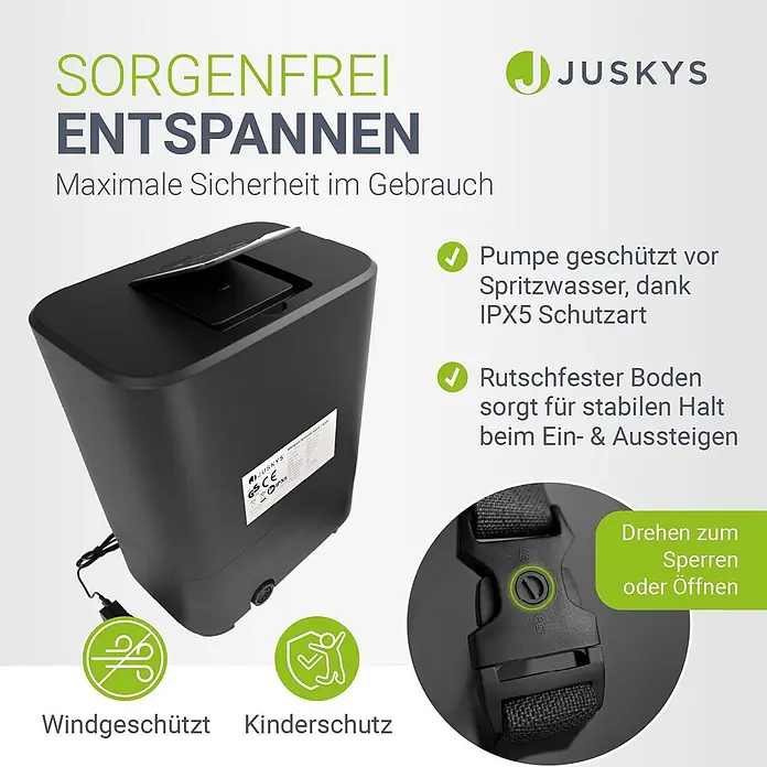 Juskys Außen-Whirlpool SpaLuxe - 185 x 185 x 65 cm, Grau - Schwarzes, rechteckiges JUSKYS-Gerät, eine Pumpe mit IPX5-Spritzwasserschutz, rutschfestem Boden, Kindersicherung und Windschutz.