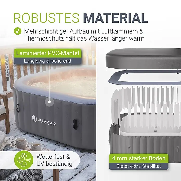 Juskys Außen-Whirlpool SpaLuxe - 185 x 185 x 65 cm, Grau - Ein grauer, aufblasbarer Whirlpool aus robustem, laminiertem PVC, wetterfest und UV-beständig, mit dickem Boden für Stabilität.