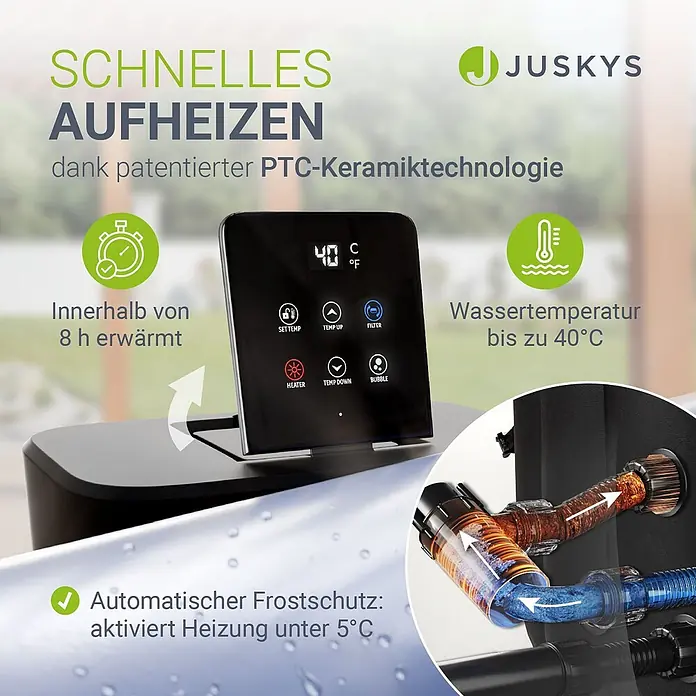Juskys Außen-Whirlpool SpaLuxe - 185 x 185 x 65 cm, Grau - Digitales Bedienfeld für einen Whirlpool, zeigt schnelle Aufheizfunktion, max. 40°C Wassertemperatur und Frostschutz mit PTC-Keramiktechnologie.